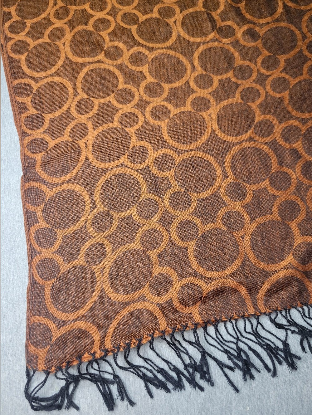 Orange Brown Bronze Circle Motif Tasseled Fringe Throw Blanket 100% Pashmina